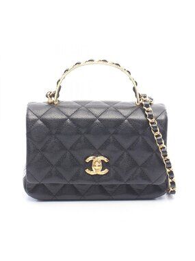 Chanel Shoulder Bag Quilted Top Handle 2-Way Black Caviar Leather Chain